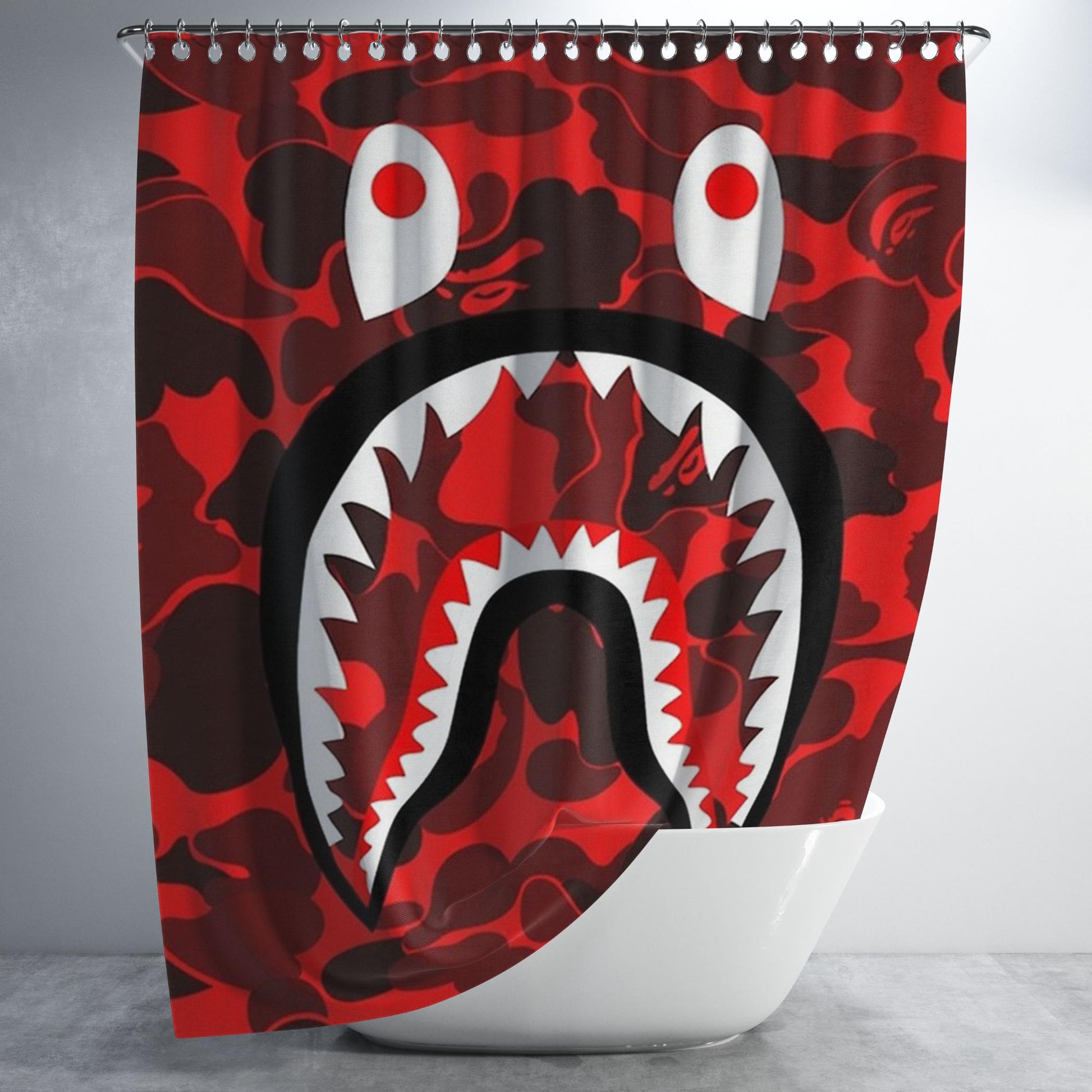 The Red Shark Bape Camo Bathroom Shower Curtain Fabric Waterproof | 66 X 72 Inch