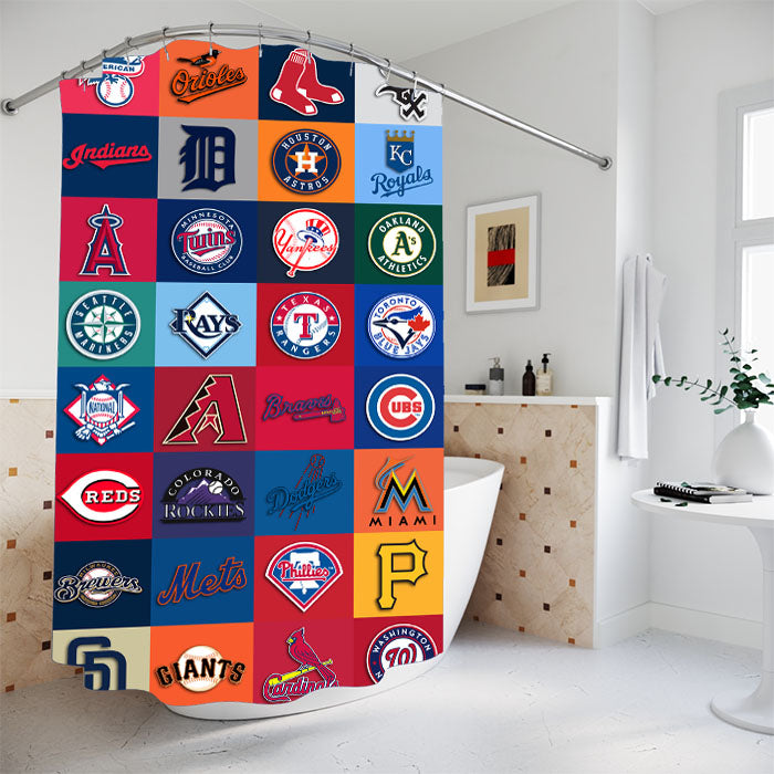 All Mlb Team Logos Collage Bathroom Shower Curtain Fabric Waterproof | 66 X 72 Inch