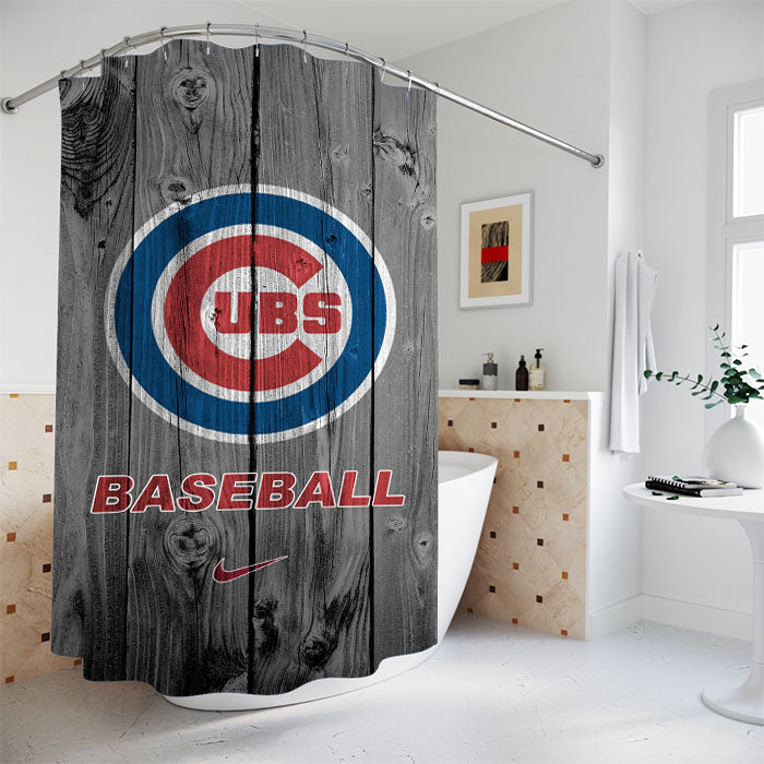Chicago Cubs Baseball Logo Dark Wood Wallpaper Bathroom Shower Curtain Fabric Waterproof | 66 X 72 Inch