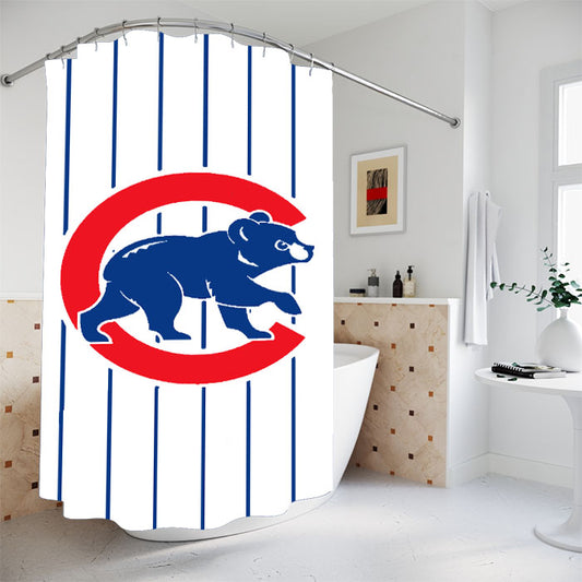 Chicago Cubs Stripe Logo Bathroom Shower Curtain Fabric Waterproof | 66 X 72 Inch
