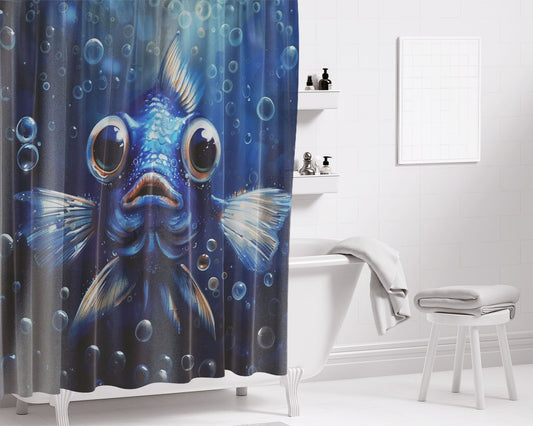 Adorable Blue Fish Bathroom Shower Curtain Fabric Waterproof | 66 X 72 Inch
