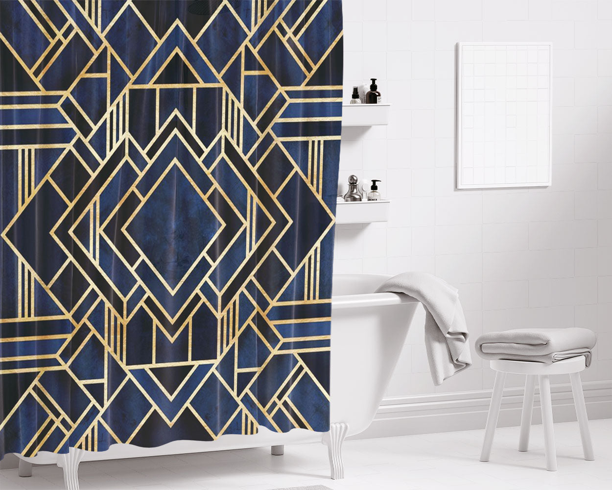 Art Deco Fancy Blue Bathroom Shower Curtain Fabric Waterproof | 66 X 72 Inch
