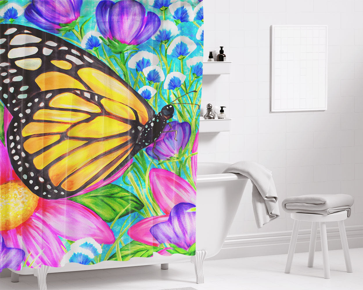 Butterfly Blooms Bathroom Shower Curtain Fabric Waterproof | 66 X 72 Inch