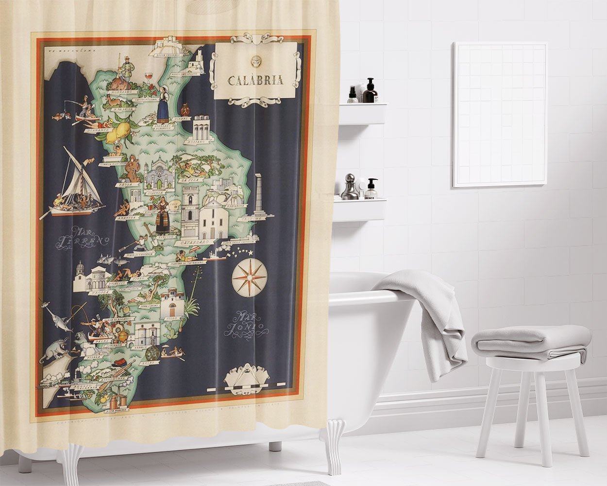 Calabria Map From 1939 Bathroom Shower Curtain Fabric Waterproof | 66 X 72 Inch