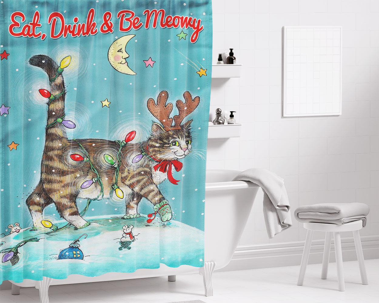 Christmas Cat Bathroom Shower Curtain Fabric Waterproof | 66 X 72 Inch