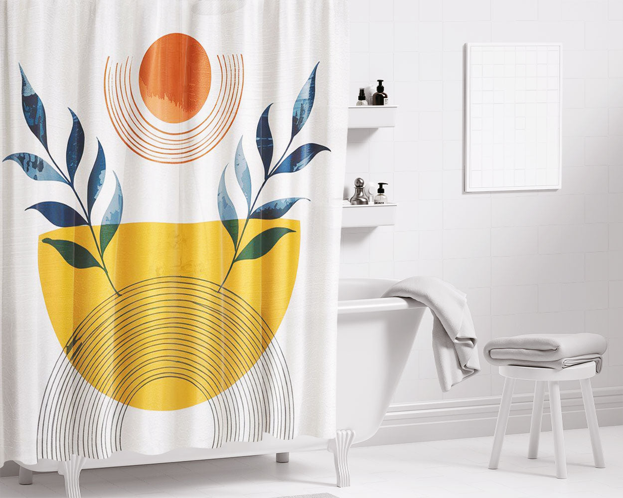 Boho Mid Century Bathroom Shower Curtain Fabric Waterproof | 66 X 72 Inch