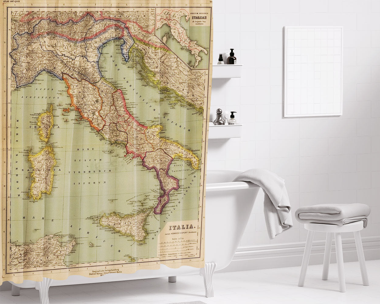 Map Of Italy From 1903 Bathroom Shower Curtain Fabric Waterproof | 66 X 72 Inch