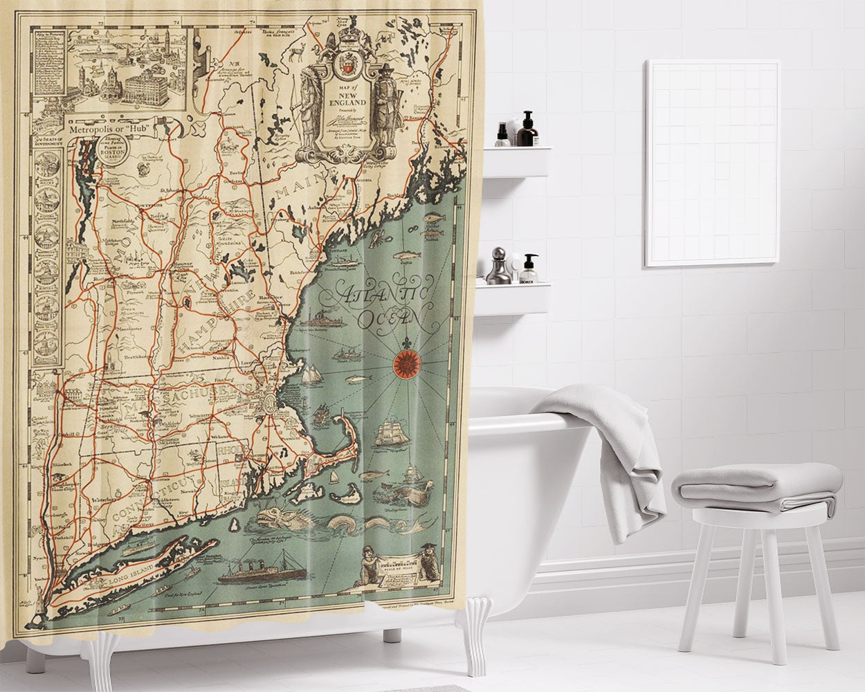 Map Of New England From 1928 Bathroom Shower Curtain Fabric Waterproof | 66 X 72 Inch
