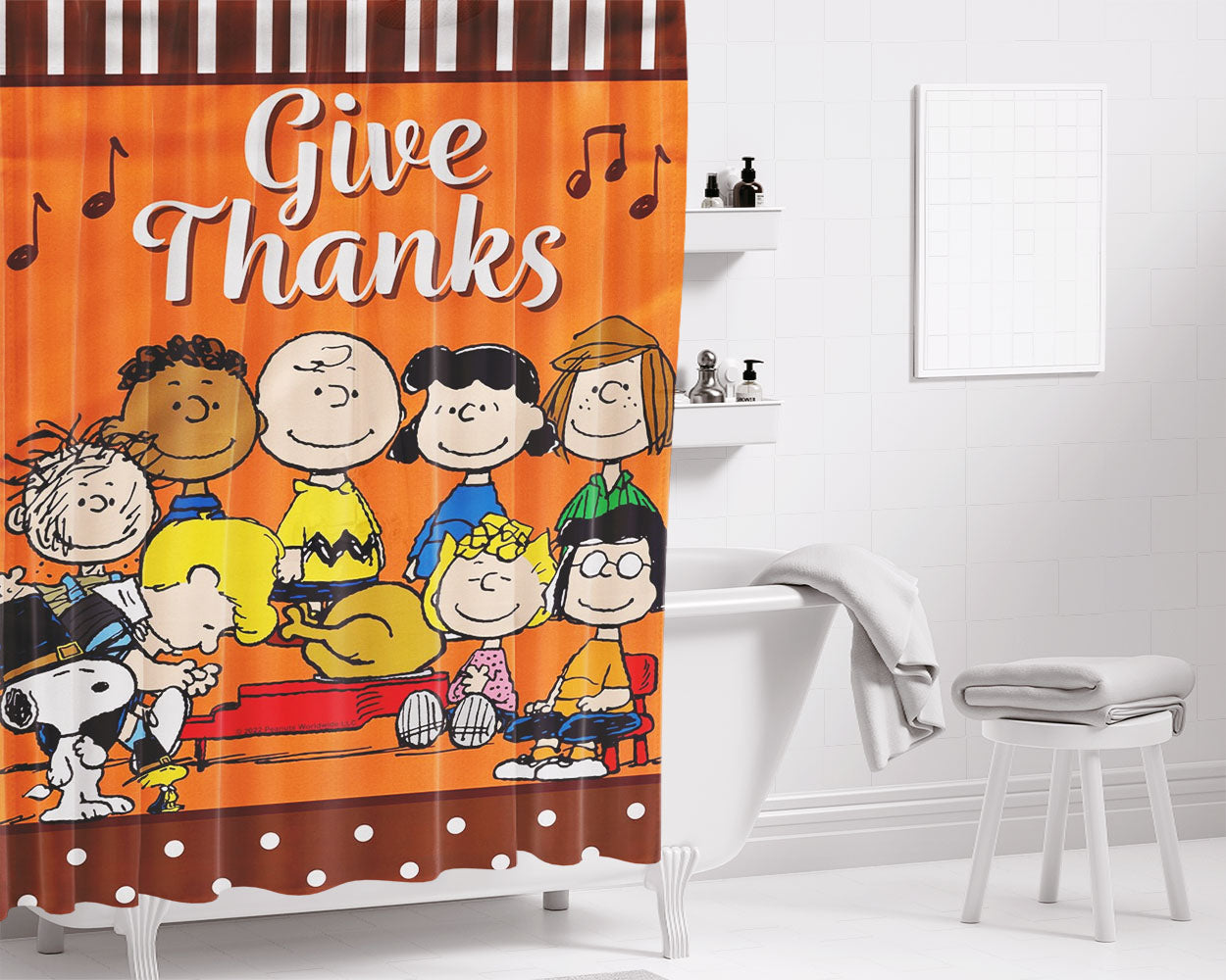 Peanuts Gang Give Thanks Thanksgiving Bathroom Shower Curtain Fabric Waterproof | 66 X 72 Inch