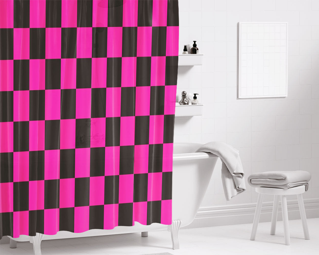 Checkered Magenta Pattern Bathroom Shower Curtain Fabric Waterproof | 66 X 72 Inch