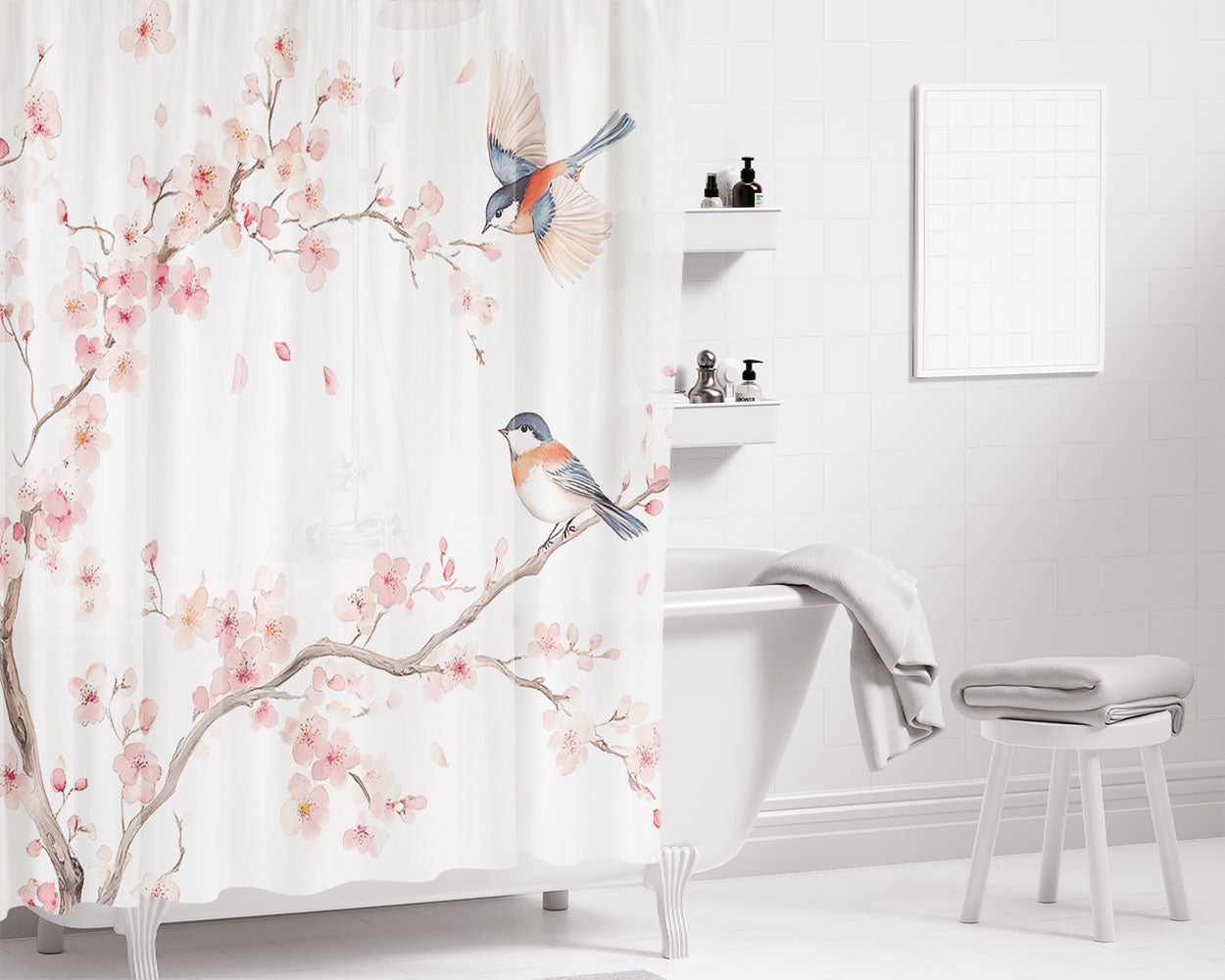 Cherry Blossom Bird Bathroom Shower Curtain Fabric Waterproof | 66 X 72 Inch