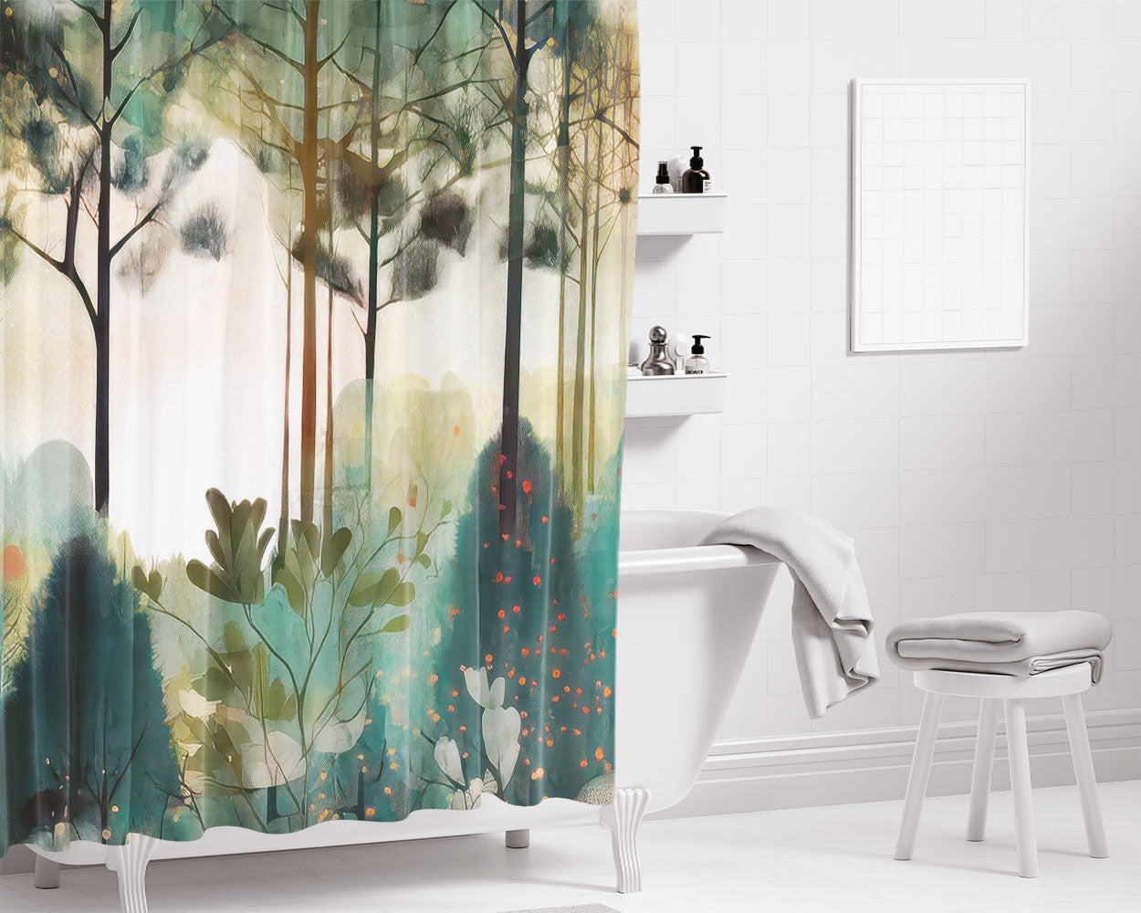 Cottage Folk Art Country Forest Bathroom Shower Curtain Fabric Waterproof | 66 X 72 Inch