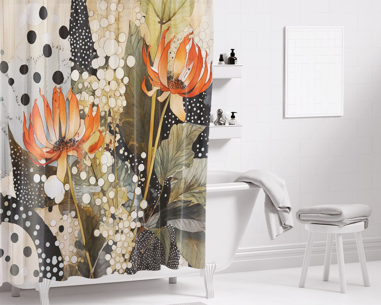 Cute Boho Floral Bathroom Shower Curtain Fabric Waterproof | 66 X 72 Inch