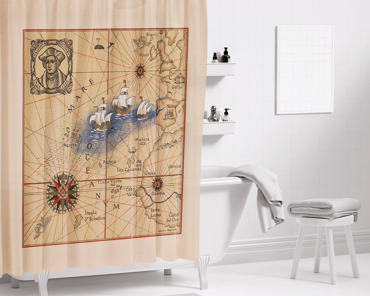 Pictorial Map Of Voyages Of Christopher Columbus Bathroom Shower Curtain Fabric Waterproof | 66 X 72 Inch