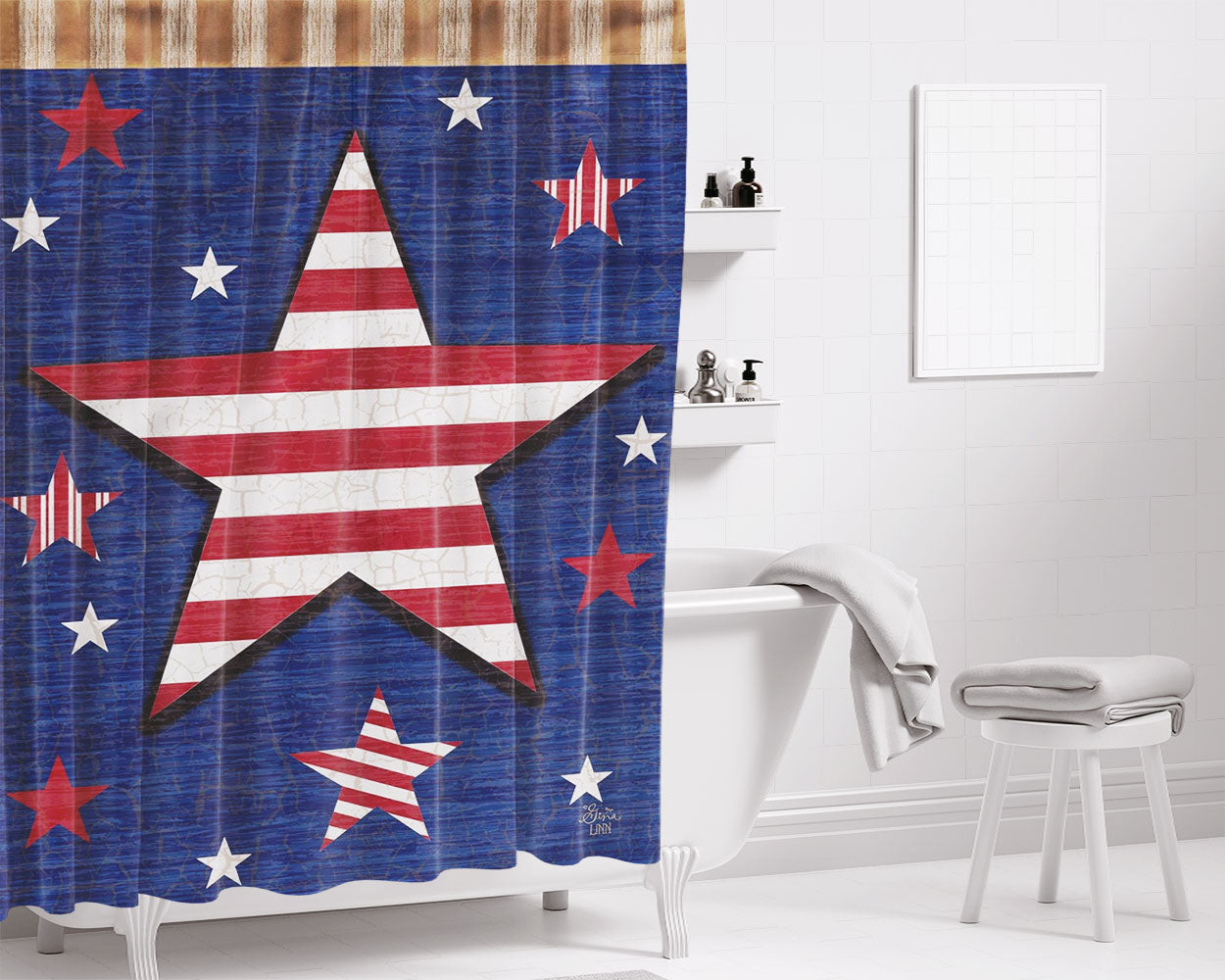 Rustic Patriotic Star Bathroom Shower Curtain Fabric Waterproof | 66 X 72 Inch