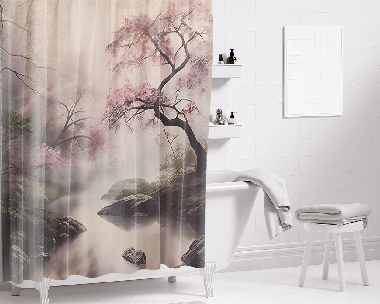 Elegant Misty Cherry Blossom Bathroom Shower Curtain Fabric Waterproof | 66 X 72 Inch
