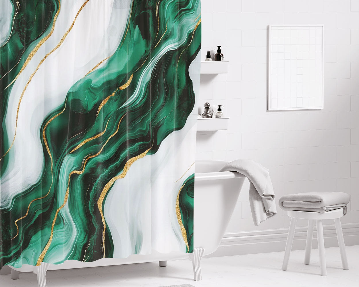 Emerald Green And White Marble Bathroom Shower Curtain Fabric Waterproof | 66 X 72 Inch