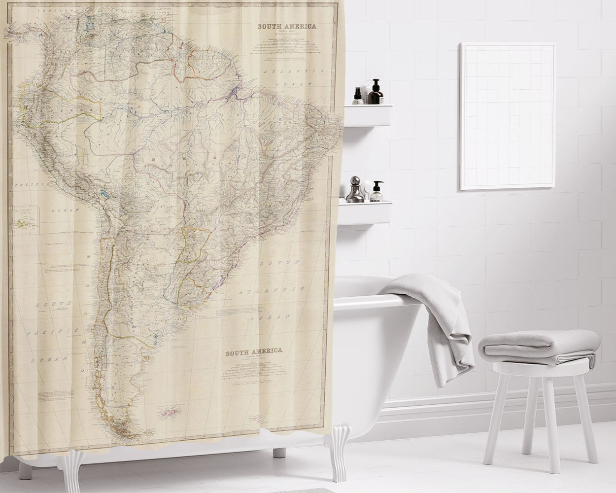 South America Map From 1861 Bathroom Shower Curtain Fabric Waterproof | 66 X 72 Inch