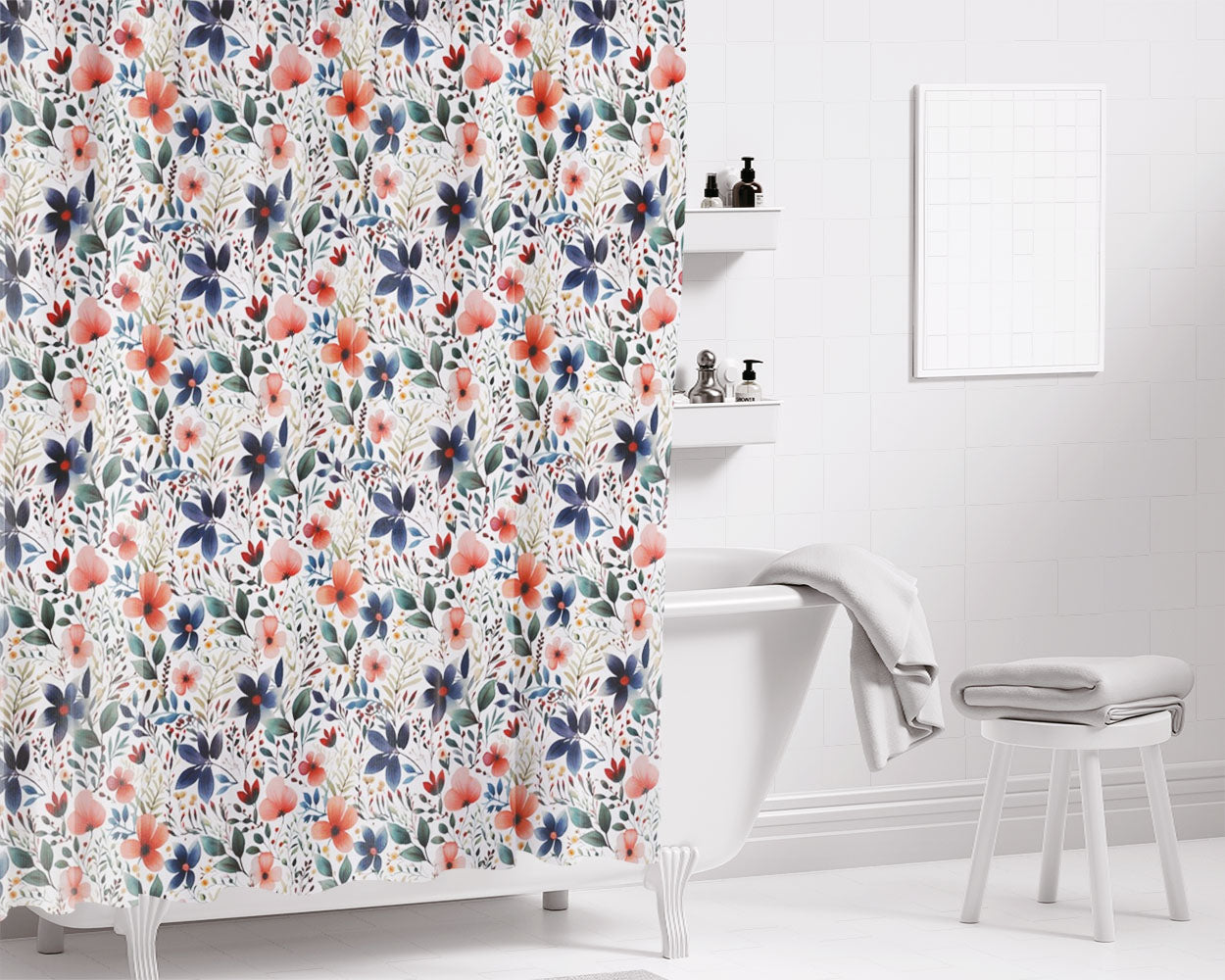 Floral Illustrations Bathroom Shower Curtain Fabric Waterproof | 66 X 72 Inch