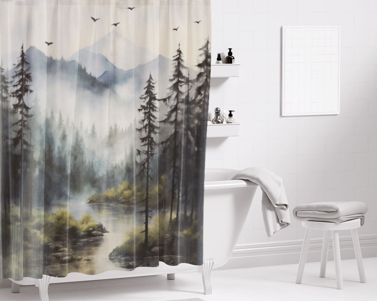 Foggy Mountain Bathroom Shower Curtain Fabric Waterproof | 66 X 72 Inch