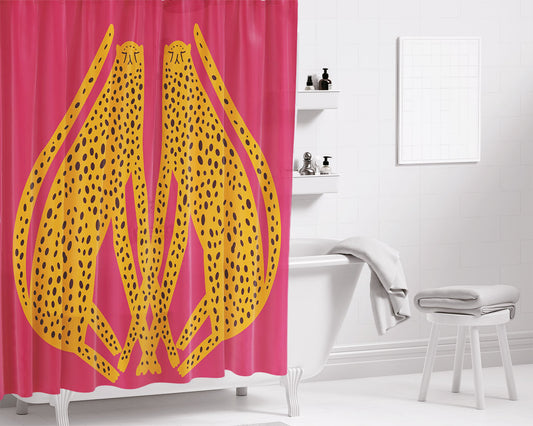 Hand Drawn Cute Leopards Hot Pink Bathroom Shower Curtain Fabric Waterproof | 66 X 72 Inch