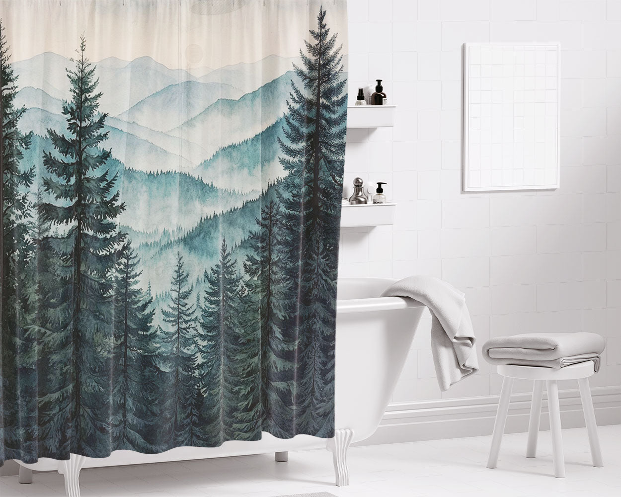 Misty Mountain Forest Bathroom Shower Curtain Fabric Waterproof | 66 X 72 Inch