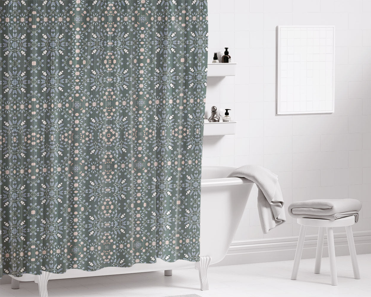 Moody Dark Blue Floral Bathroom Shower Curtain Fabric Waterproof | 66 X 72 Inch