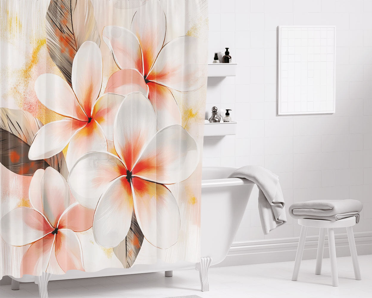 Plumeria Floral Bathroom Shower Curtain Fabric Waterproof | 66 X 72 Inch