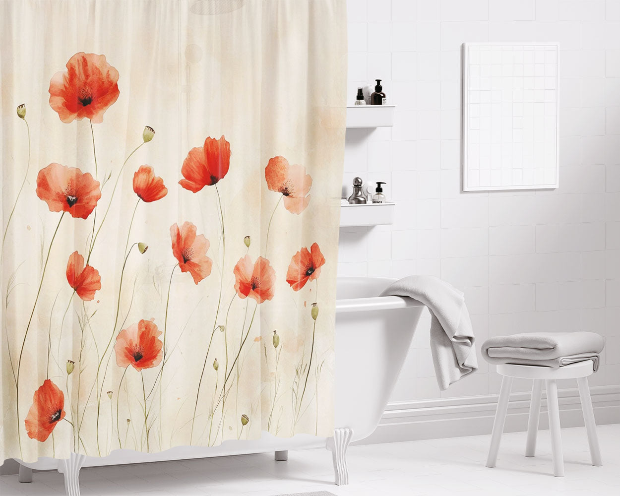 Poppy Flower Bathroom Shower Curtain Fabric Waterproof | 66 X 72 Inch