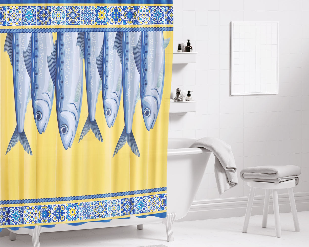 Portuguese Sardine Bathroom Shower Curtain Fabric Waterproof | 66 X 72 Inch