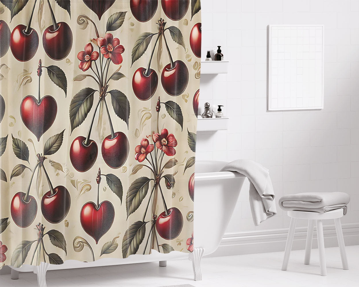 Red Cherries And Hearts Bathroom Shower Curtain Fabric Waterproof | 66 X 72 Inch
