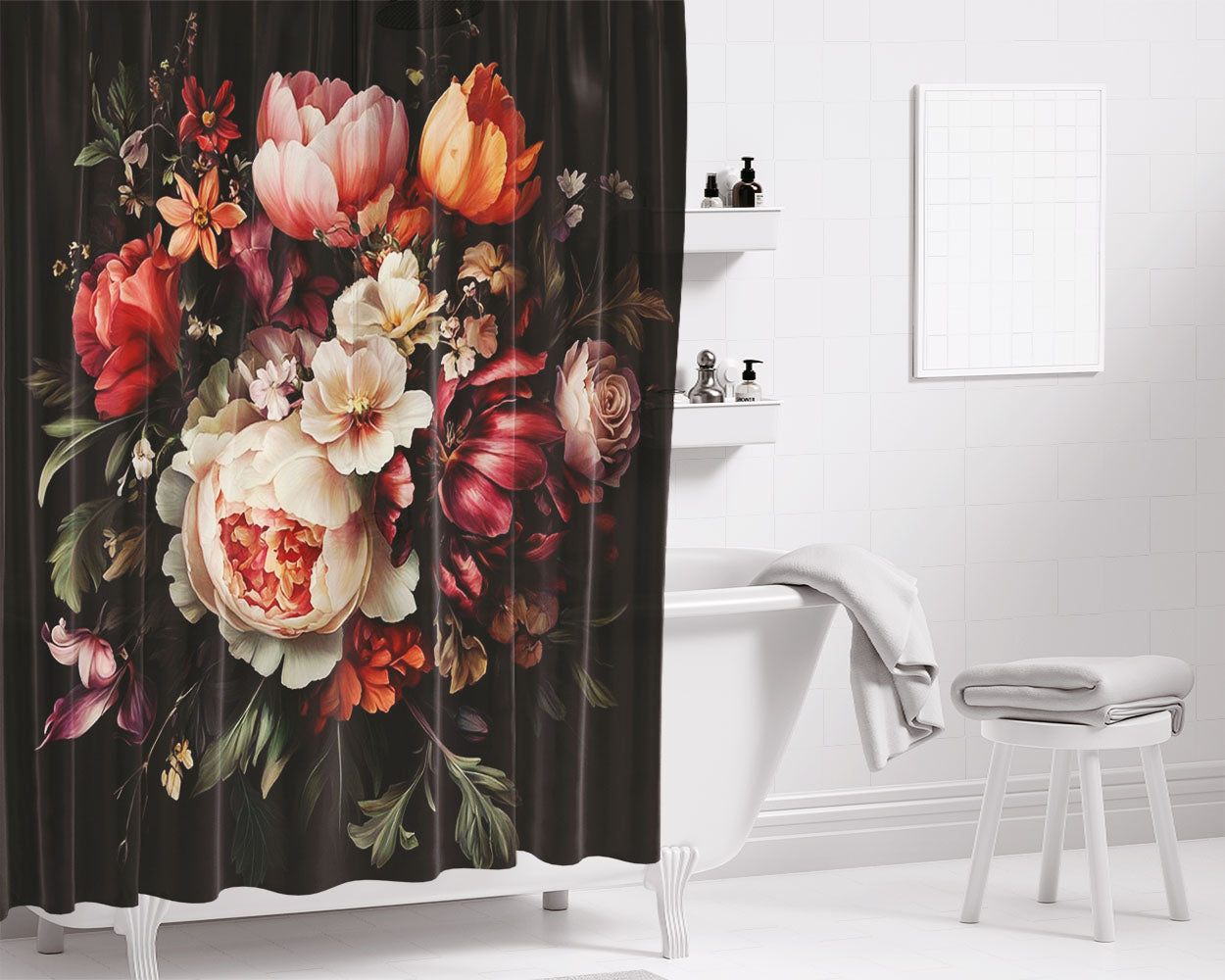 Retro Art Dark Floral Bathroom Shower Curtain Fabric Waterproof | 66 X 72 Inch