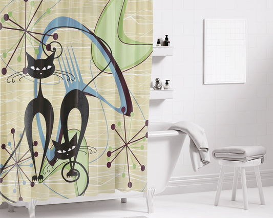 50S Retro Vintage Mid Mod Atomic Kitschy Cats Bathroom Shower Curtain Fabric Waterproof | 66 X 72 Inch