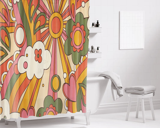 70S Groovy Sunshine Bathroom Shower Curtain Fabric Waterproof | 66 X 72 Inch