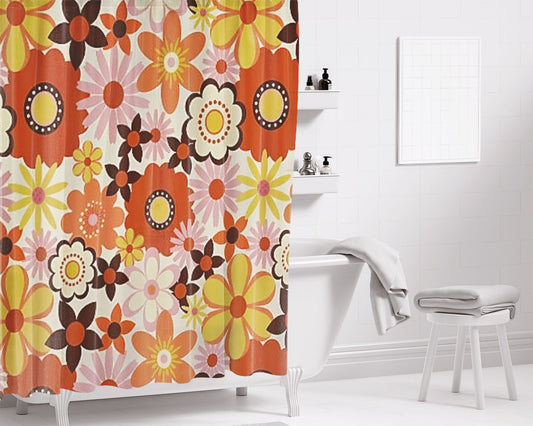 70S Retro Boho Floral Vintage Bathroom Shower Curtain Fabric Waterproof | 66 X 72 Inch