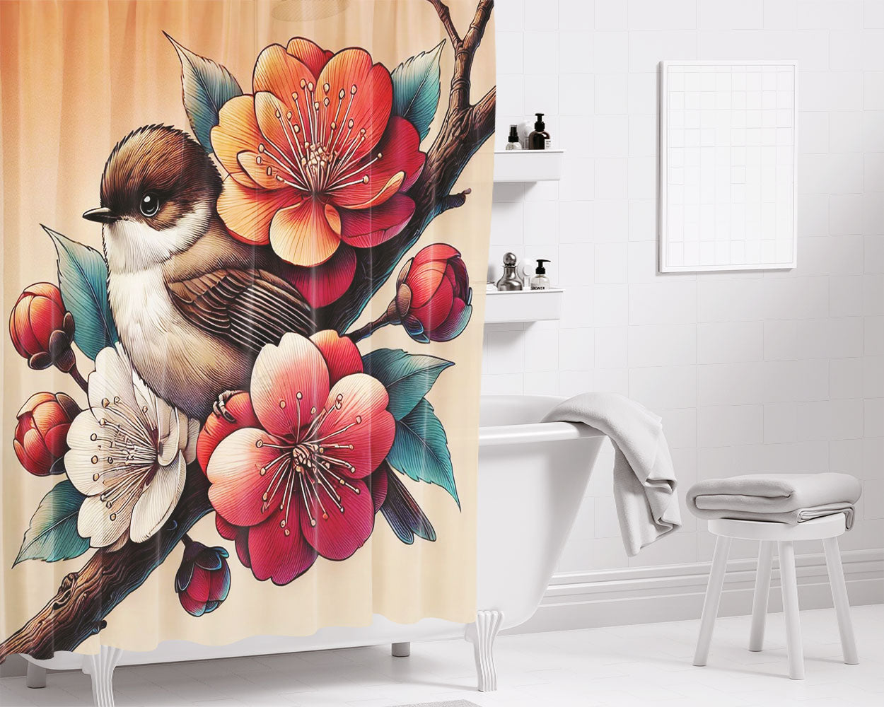 Bird Floral Bathroom Shower Curtain Fabric Waterproof | 66 X 72 Inch