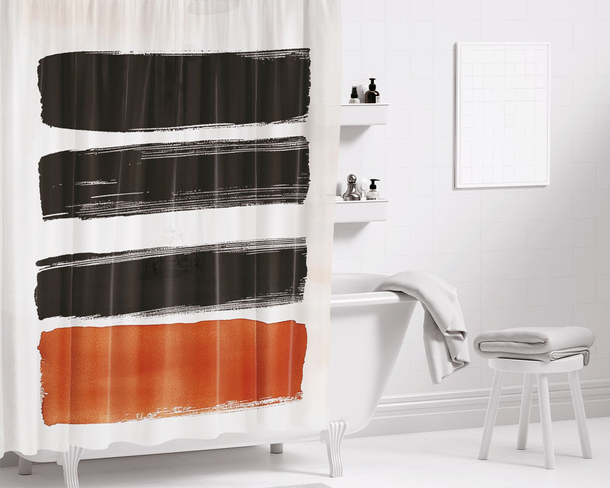 Black And Rust Brushstroke Bathroom Shower Curtain Fabric Waterproof | 66 X 72 Inch