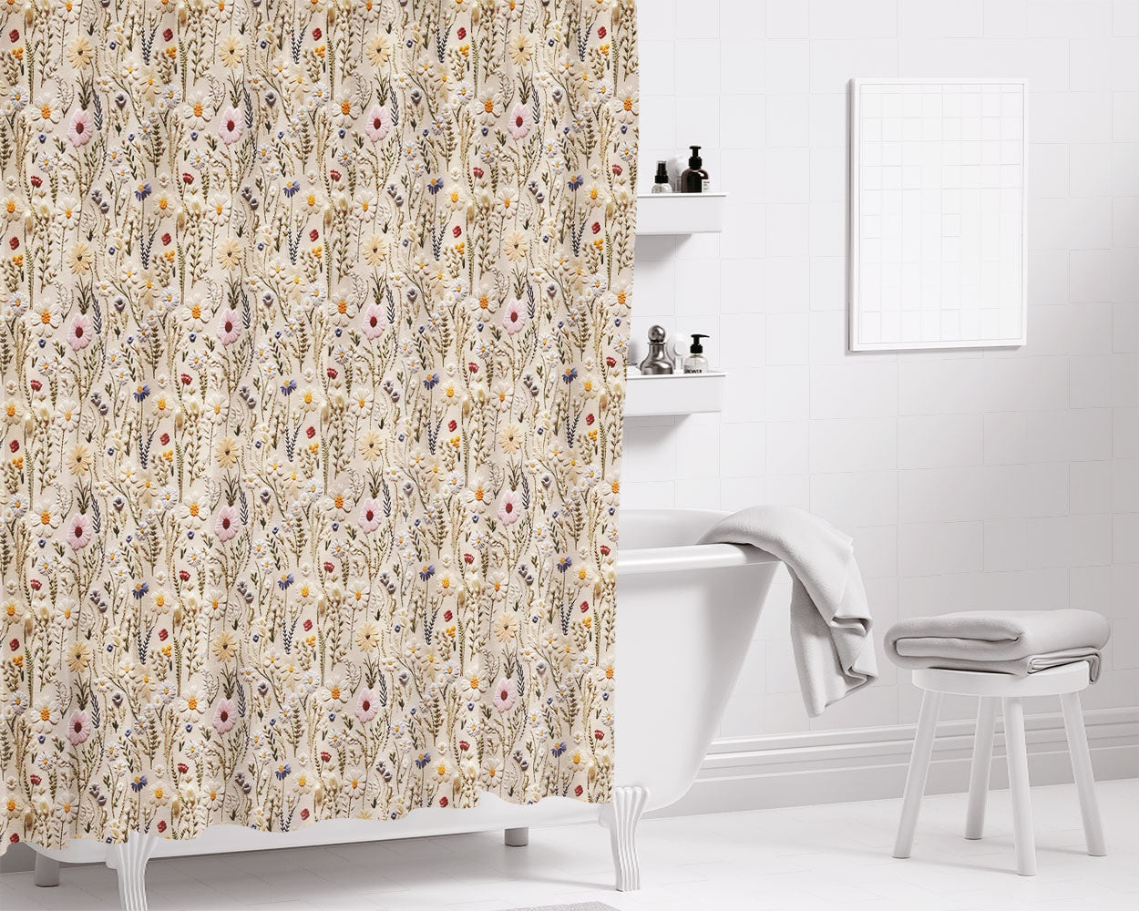 Boho Shabby Chic Floral Wildflower Bathroom Shower Curtain Fabric Waterproof | 66 X 72 Inch