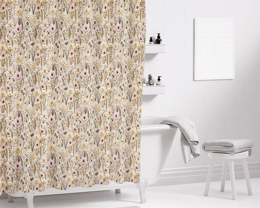 Boho Shabby Chic Floral Wildflower Bathroom Shower Curtain Fabric Waterproof | 66 X 72 Inch