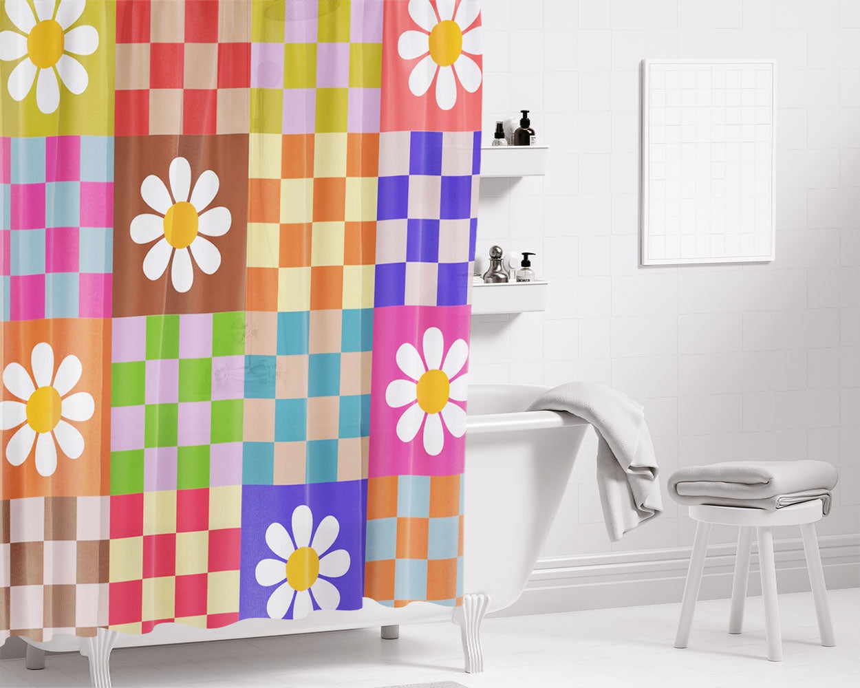 Checkered Floral Mid Century Bathroom Shower Curtain Fabric Waterproof | 66 X 72 Inch