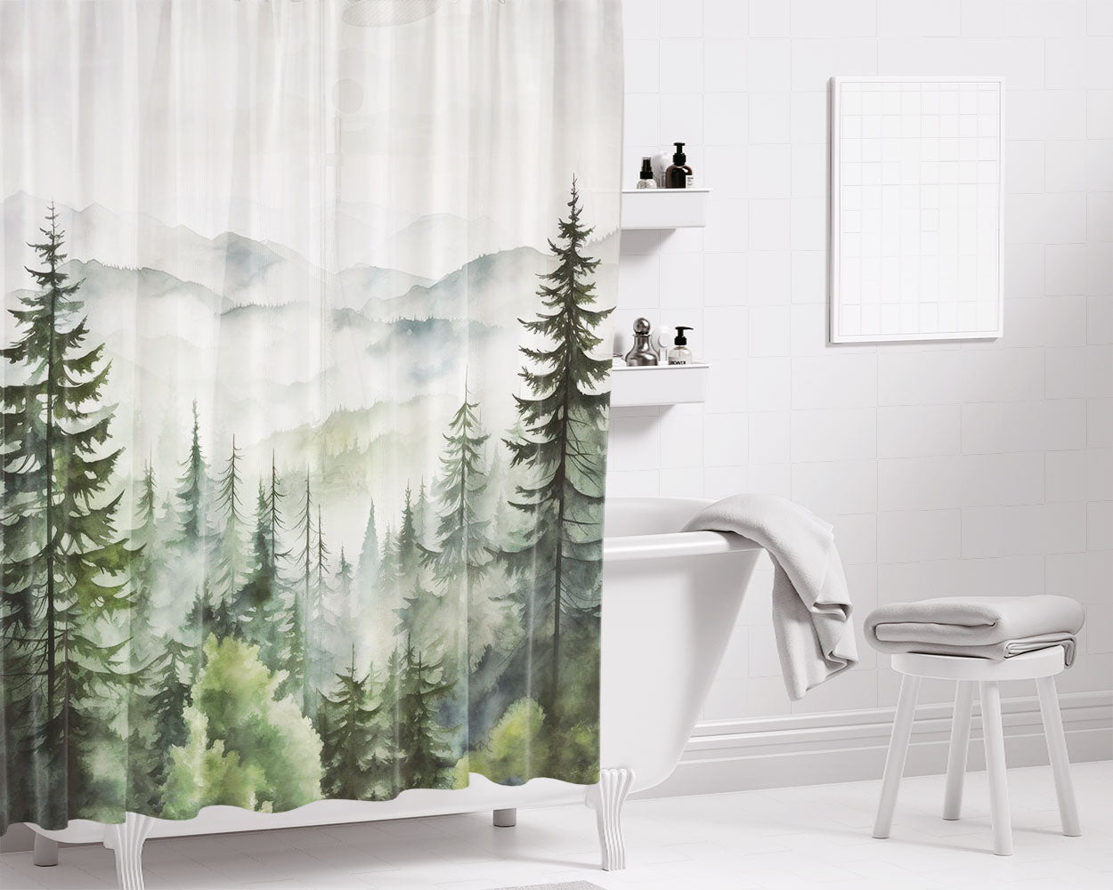 Misty Forest Mountain Bathroom Shower Curtain Fabric Waterproof | 66 X 72 Inch