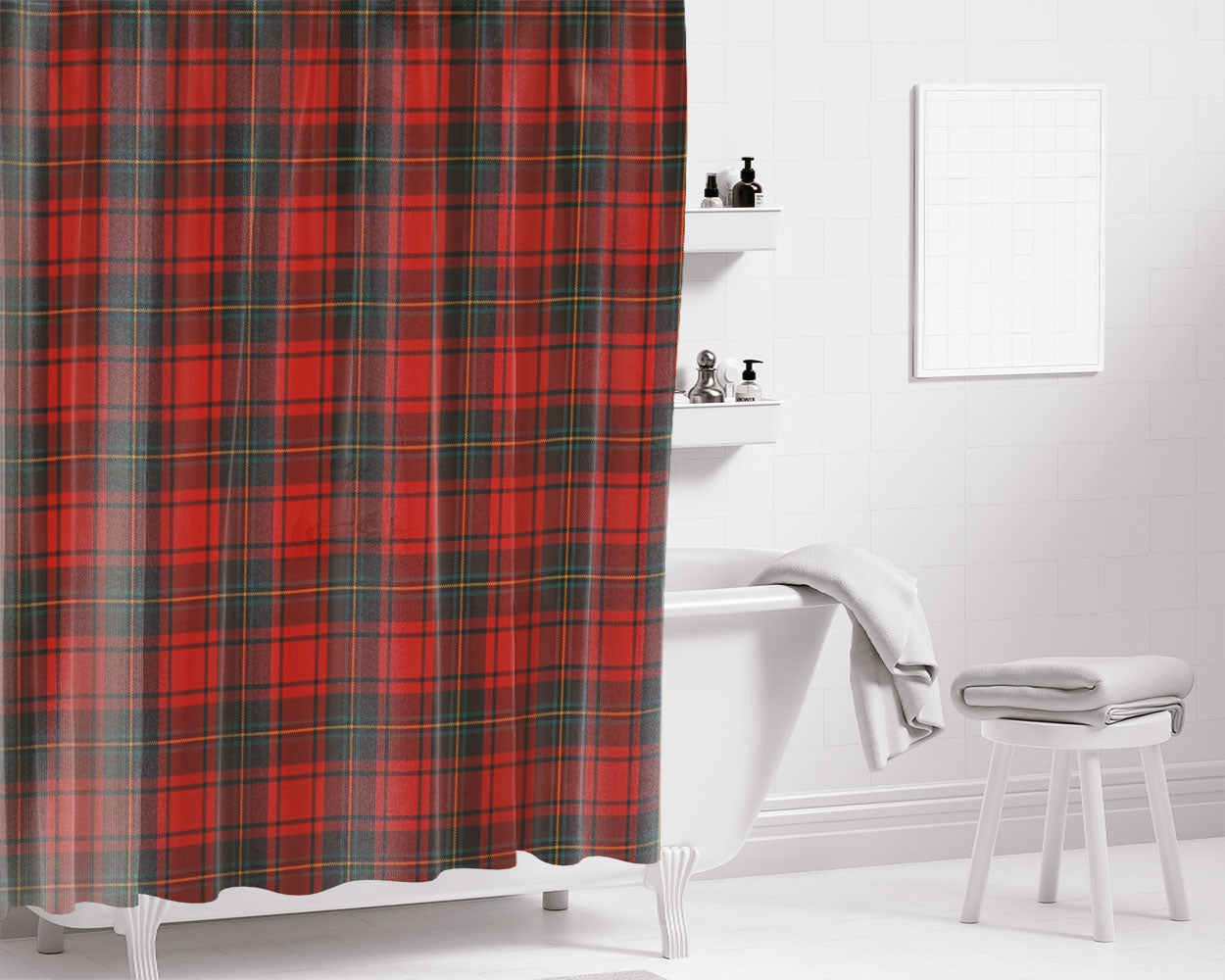 Red Tartan Bathroom Shower Curtain Fabric Waterproof | 66 X 72 Inch