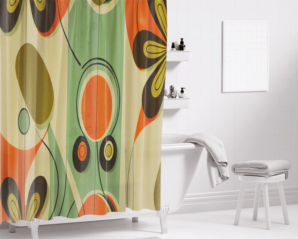 Retro 60S Mid Century Modern Daisy Bathroom Shower Curtain Fabric Waterproof | 66 X 72 Inch