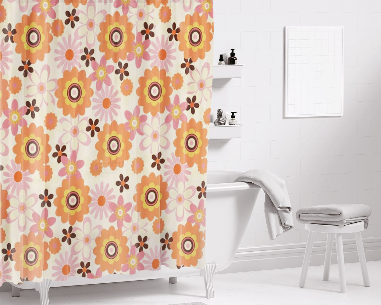 Retro Floral Mid Century Mod Bathroom Shower Curtain Fabric Waterproof | 66 X 72 Inch