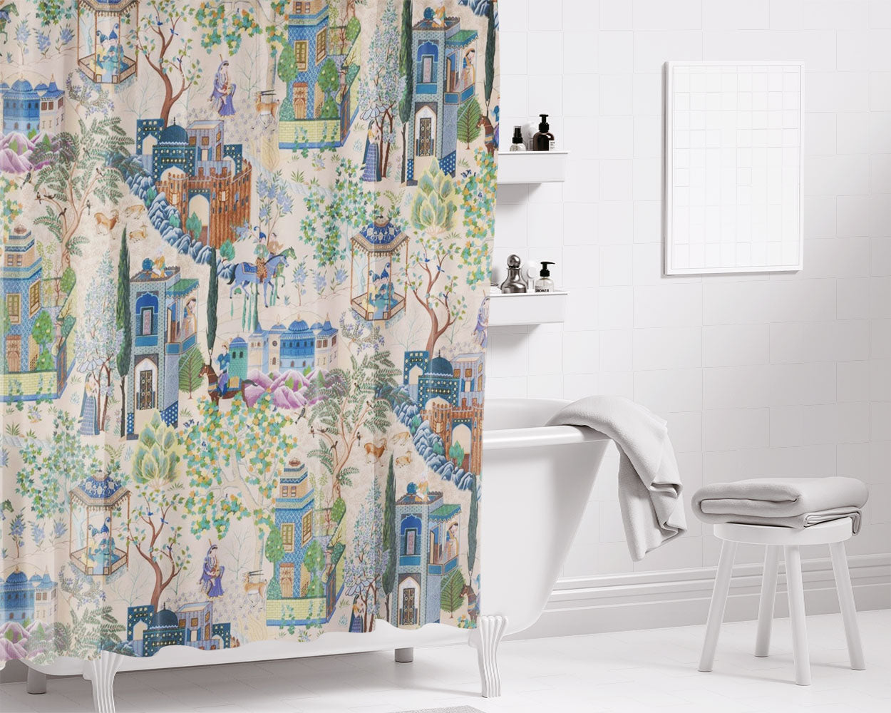 Vintage French Toile De Jouy Bathroom Shower Curtain Fabric Waterproof | 66 X 72 Inch