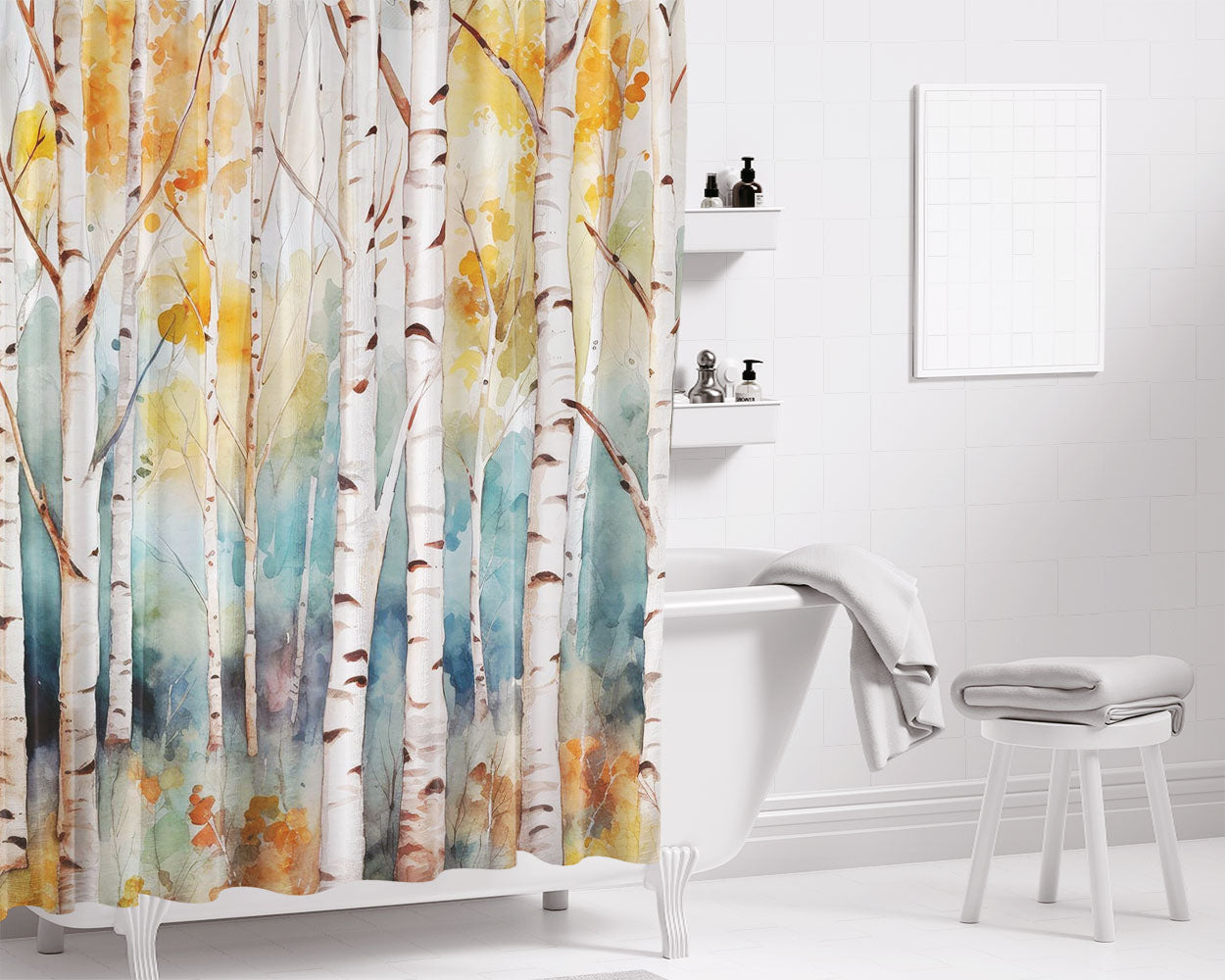 White Birch Trees Bathroom Shower Curtain Fabric Waterproof | 66 X 72 Inch