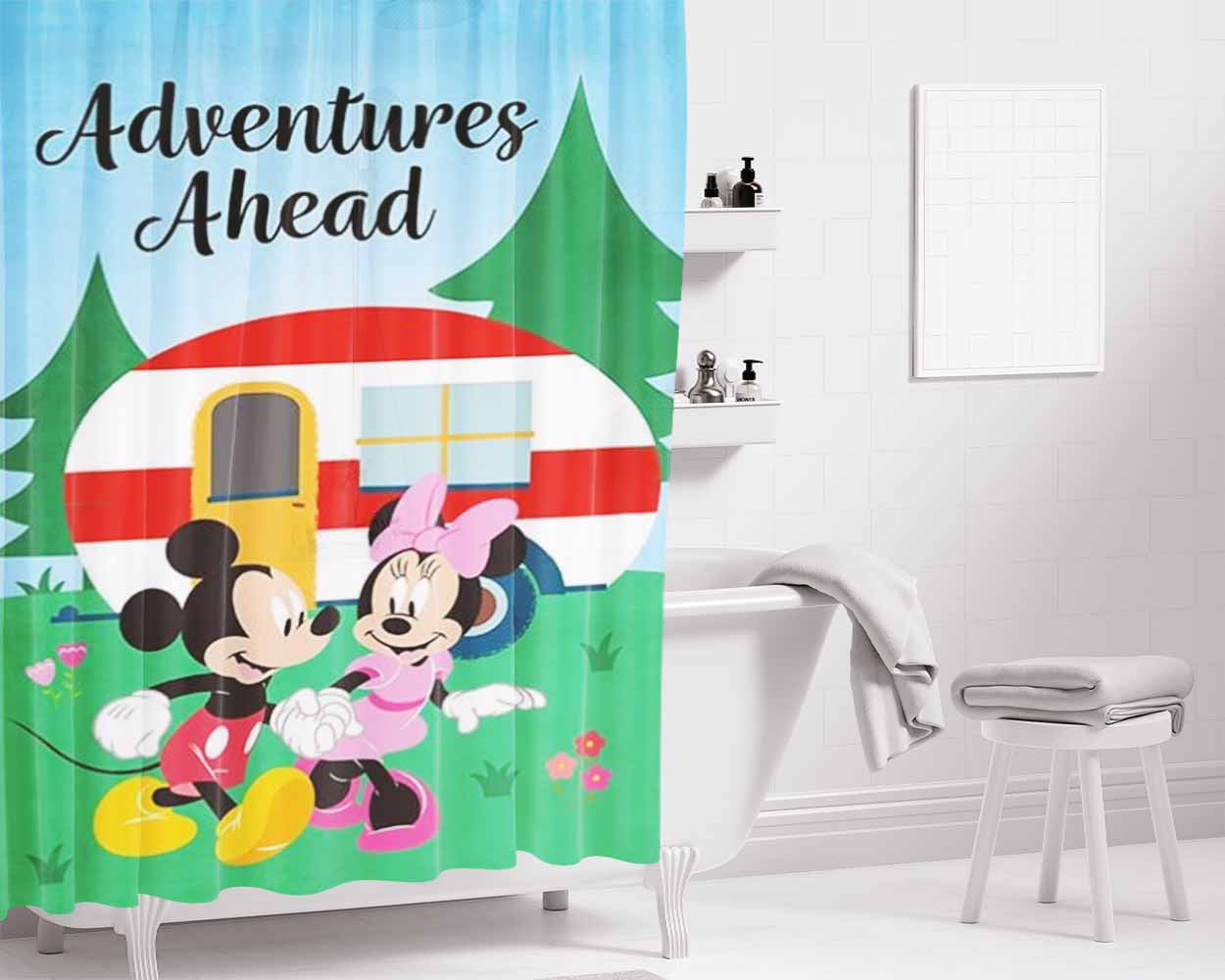 Adventures Ahead Camper Mickey And Minnie Bathroom Shower Curtain Fabric Waterproof | 66 X 72 Inch