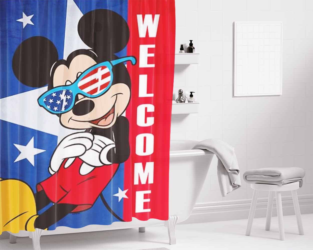Americana Mickey Mouse Welcome Bathroom Shower Curtain Fabric Waterproof | 66 X 72 Inch