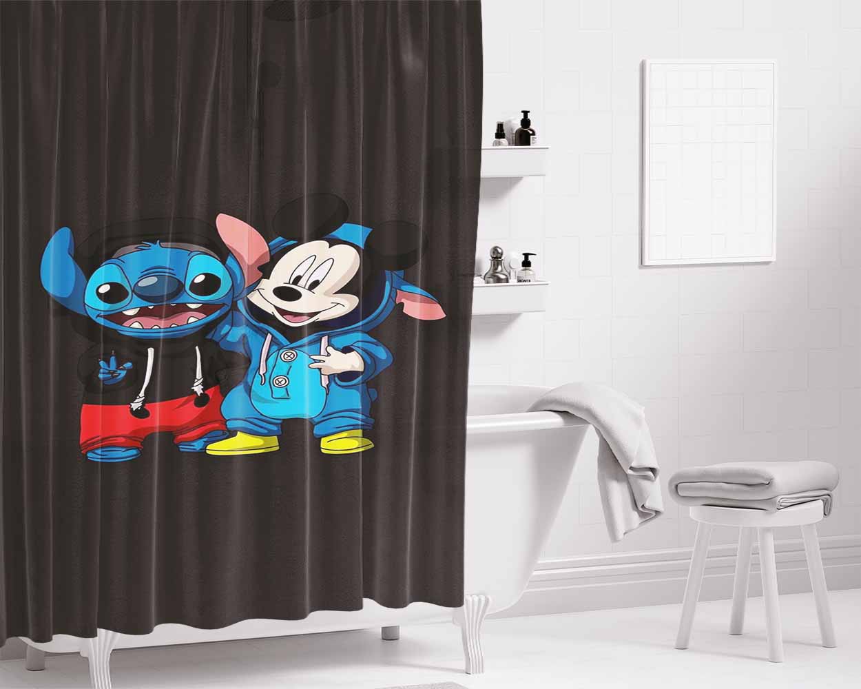 Baby Mickey Mouse And Baby Stitch Bathroom Shower Curtain Fabric Waterproof | 66 X 72 Inch