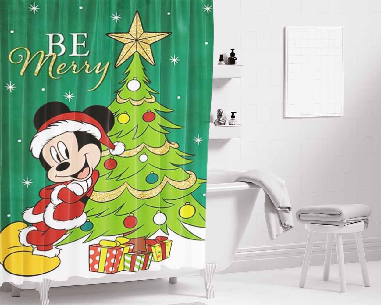 Be Merry Santa Mickey Bathroom Shower Curtain Fabric Waterproof | 66 X 72 Inch